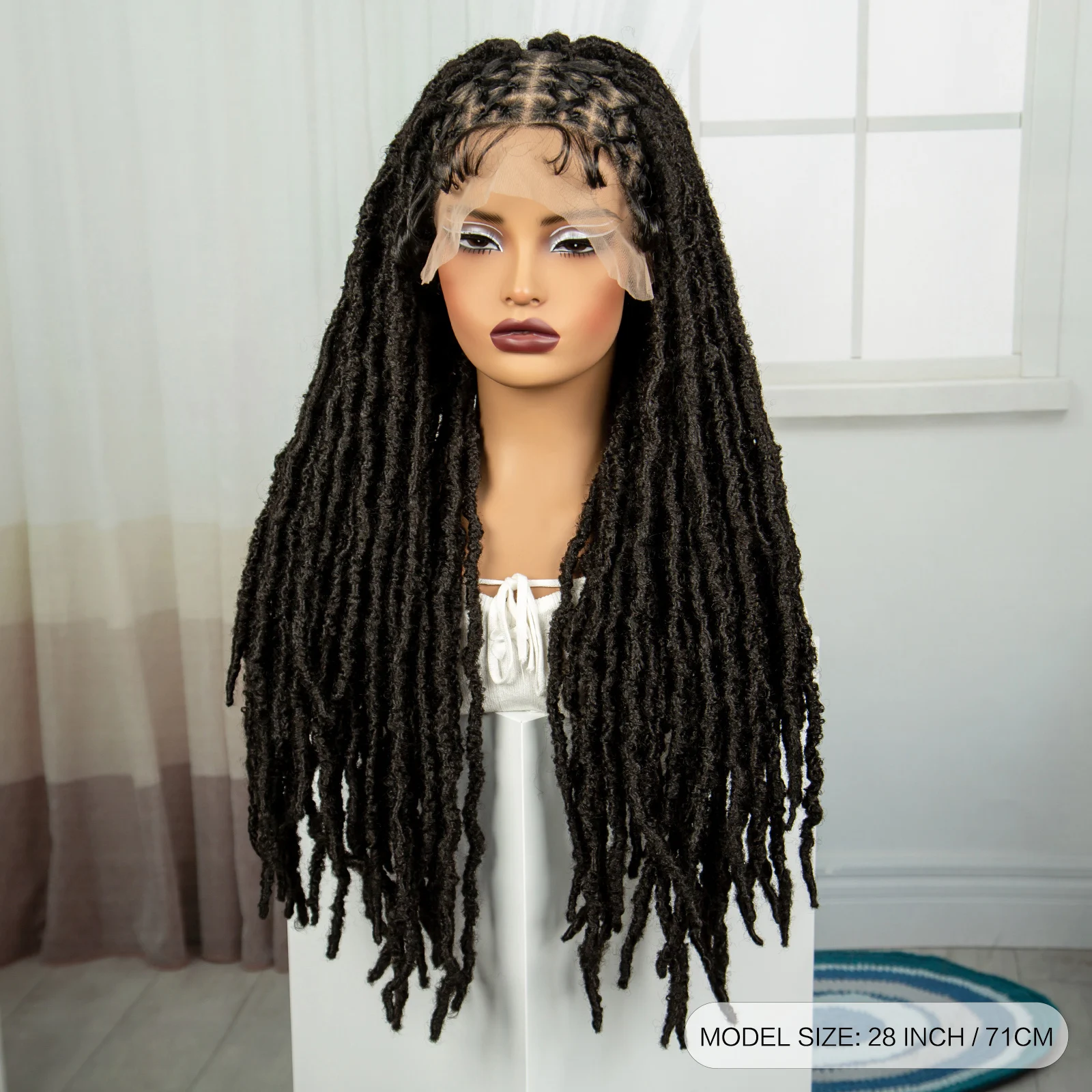 Wig sintetis 28 "Faux Locs, Wig kepang gimbal renda penuh dengan rambut bayi kotak tanpa simpul, Wig kepang dewi untuk wanita warna hitam