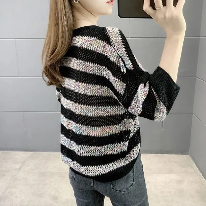 Fashion Striped Hollow Out Knitted T-shirt Spring Summer Thin Elegant V-Neck Female Casual Loose Shirring Drawstring Pullovers