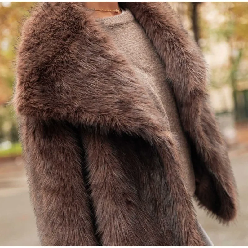 Dunkelbrauner Kunst pelz langer Mantel einreihige Damen Fleece jacke Trenchcoat 2023 Winter flauschiger Plüsch warmer Mantel neu – Detail 36