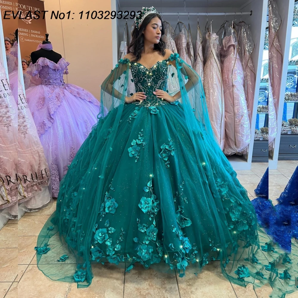 فستان Quinceanera أرجواني مخصص من EVLAST ثوب حفلة ثلاثي الأبعاد مزين بالزهور مطرز بالخرز كيب مشد حلو 16 فيستدو دي 15 أنوس E1Q144