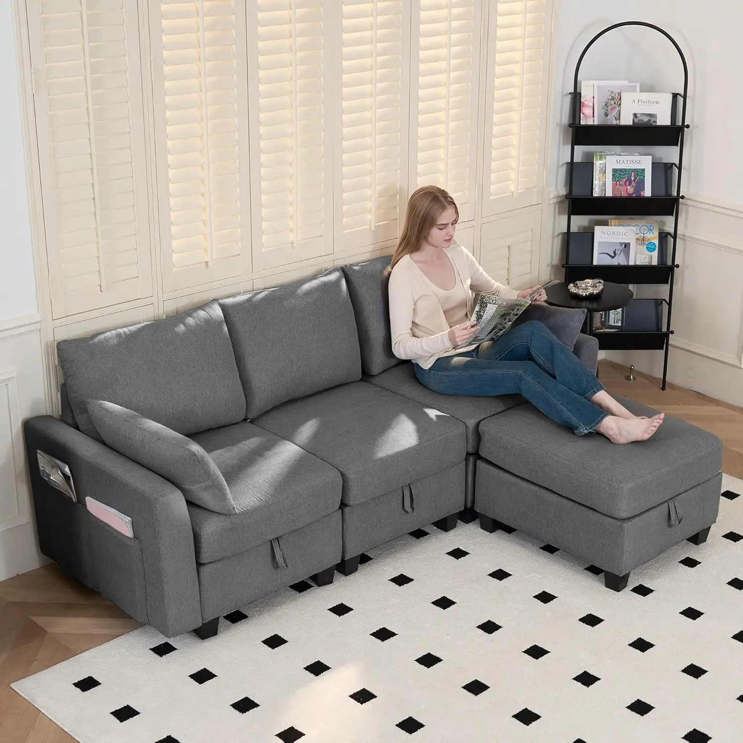 

Real Relax 81.5-inch convertible segmented sofa,3-seater L-shaped linen fabric modular sofa with detachable pillows and mobility