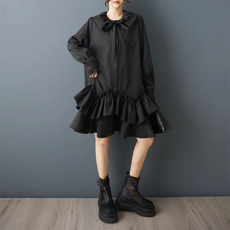 Loose Dark Design Double Layered Ruffle Sleeve Dress Women's plus Size Cotton Blend Button up Midi Dress Spring Summer 2