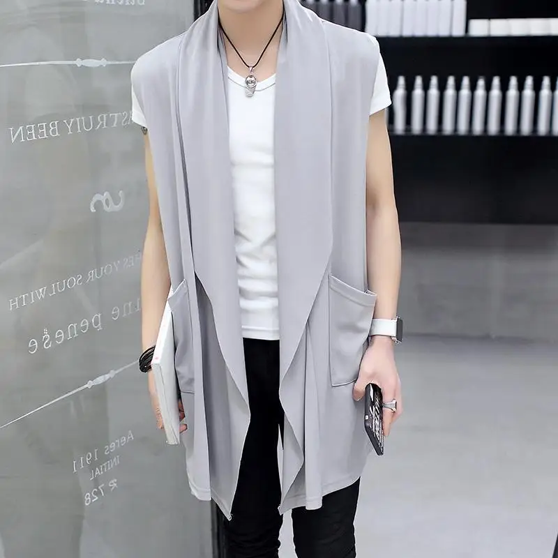 

2022 Men Fashion Long Vest Sleeveless Jacket Cardigan Men Nightclub Singer Stage Costume Korean Casual Cloak Mens Clothing