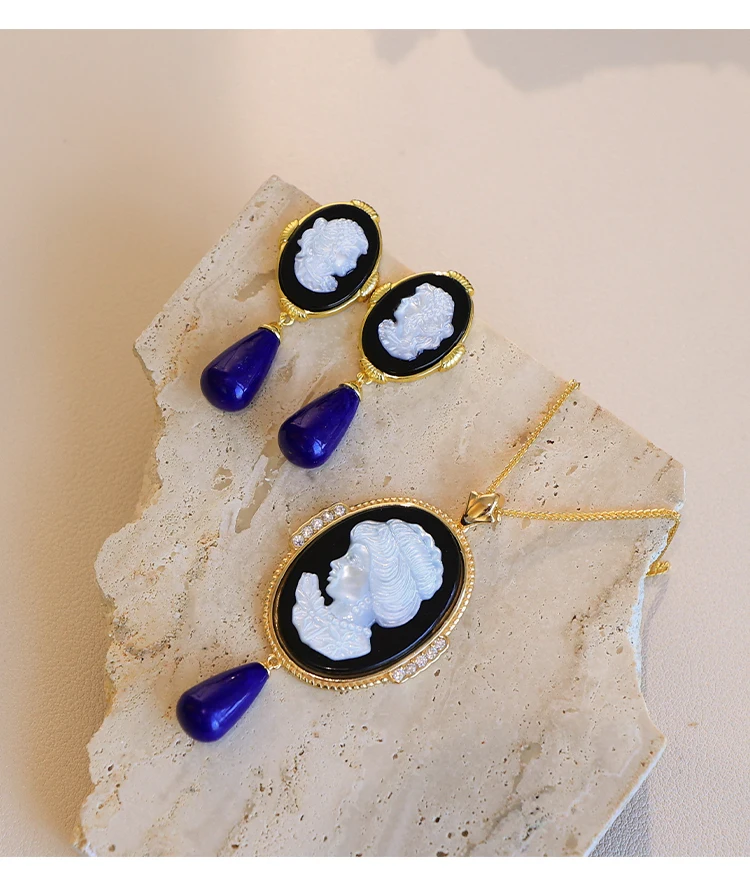 

Natural Lapis Lazuli Earrings French Vintage Cameo Agate Sterling Silver Earrings Drop Earrings