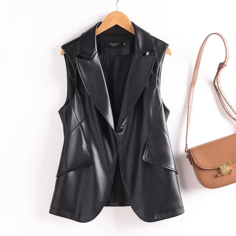 

New Women Split Leather Vest Spring Autumn Fashion Notched Collar Sleeveless Slim Leather Coat Casual Simplicity Jacket Female