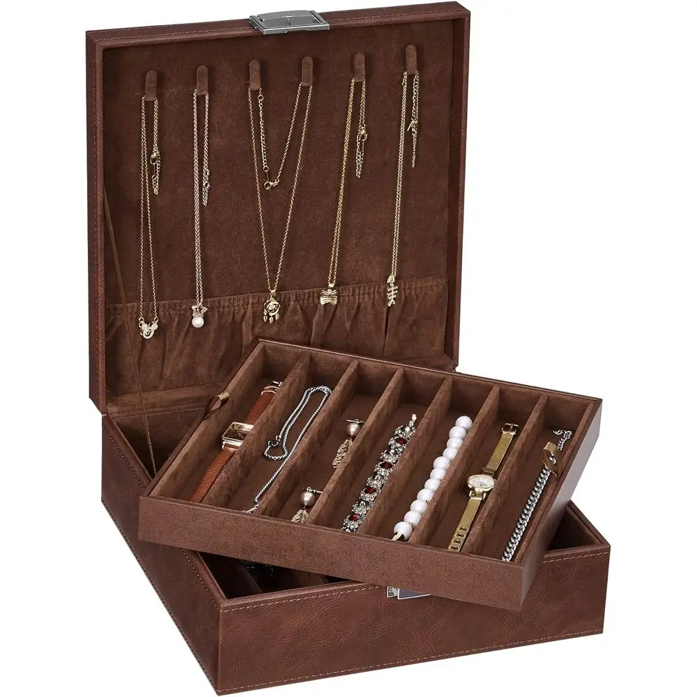 

Necklace Organizer Box, 2-Layer Jewelry Box, Modern Style, Brown Holder for Women, Girls