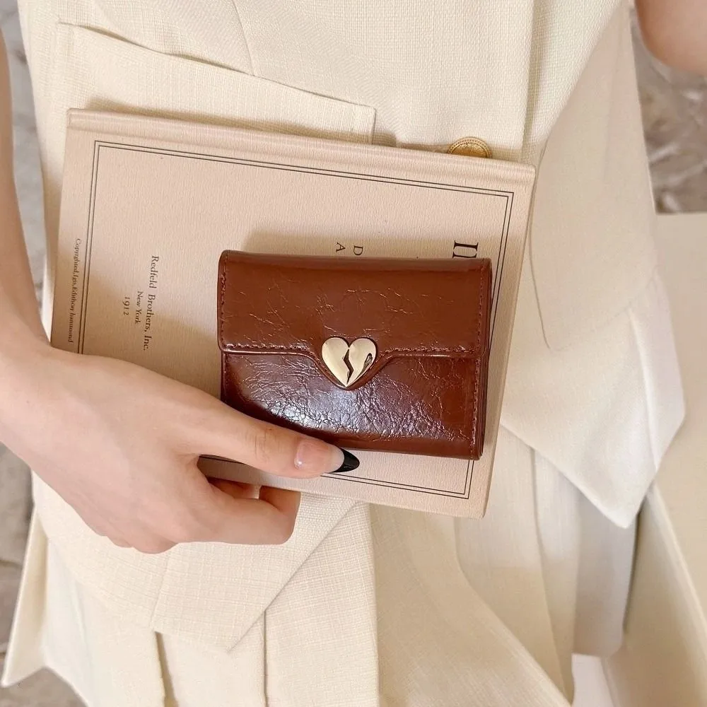 

Portable Korean Crack Heart Wallet PU Leather Short Women's Leather Wallet Fold High Quality Student Purse Card Holder