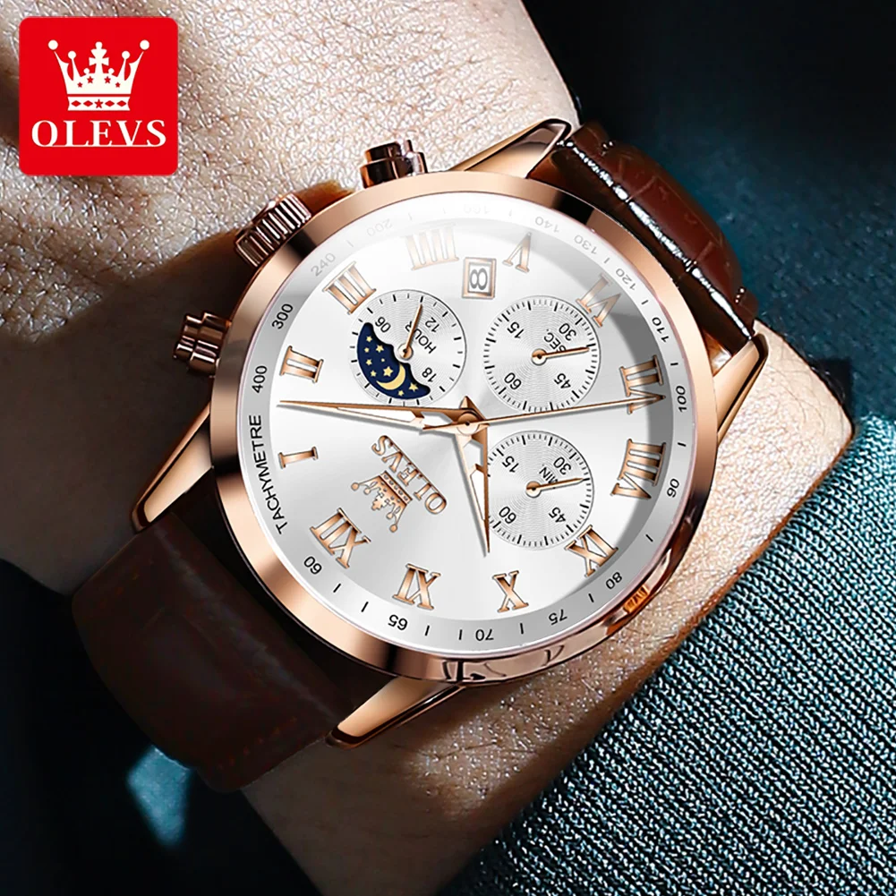 OLEVS Luxury Quartz Watch for Men Business Waterproof Sport Male Watches Leather Strap Moon Phase Wristwatch Relogios Masculino