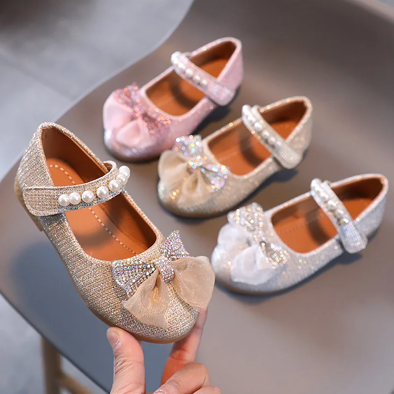 Spring New Girls Leather Shoes Princess Cute Bow Pearl Baby Girl Shoes Soft Bottom Kids Sneakers Toddler Shoes SP118