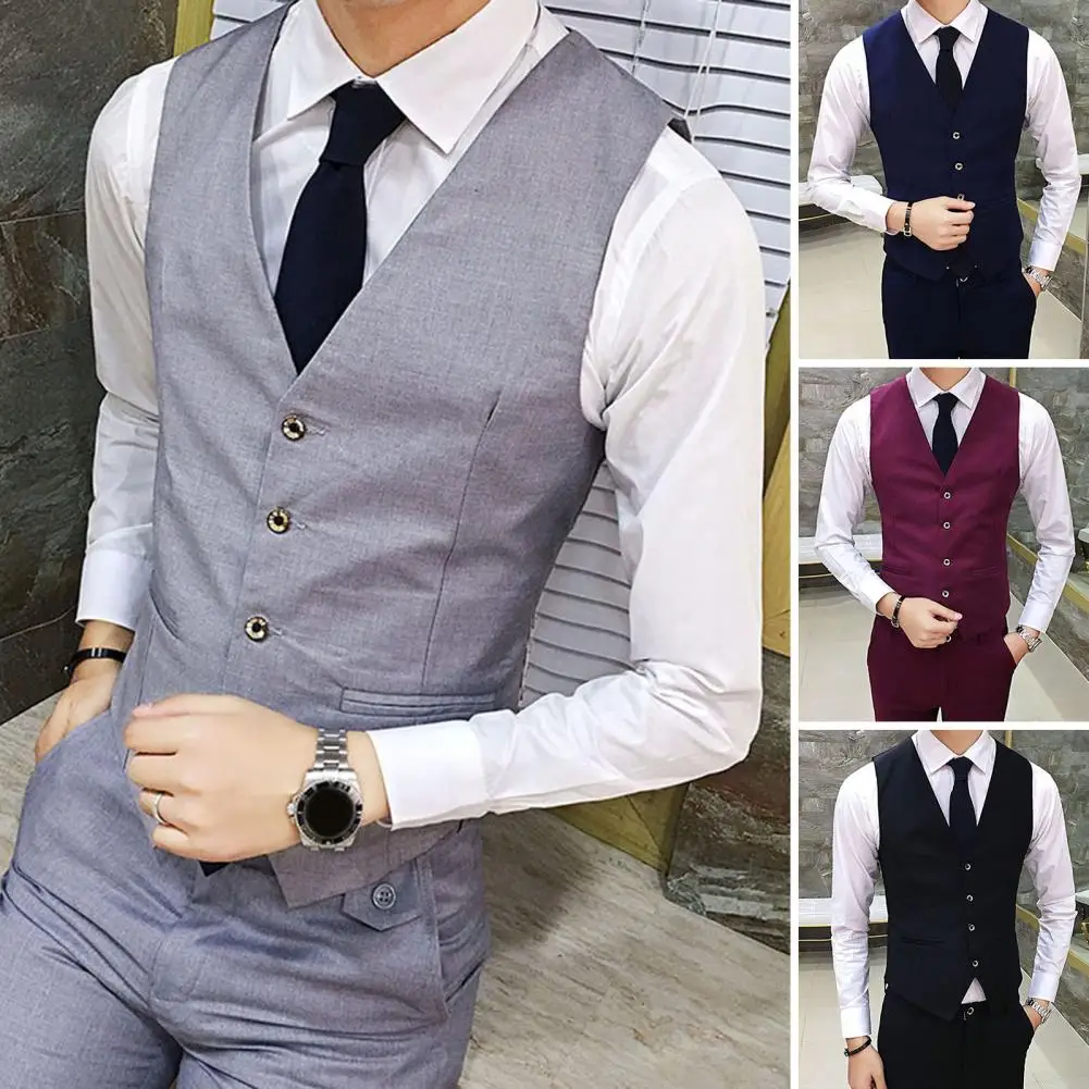 

Men Suit Vest Waistcoat V Neck Sleeveless Solid Color Single-breasted Cardigan Formal Business Jacket Vests Groom Wedding Coat