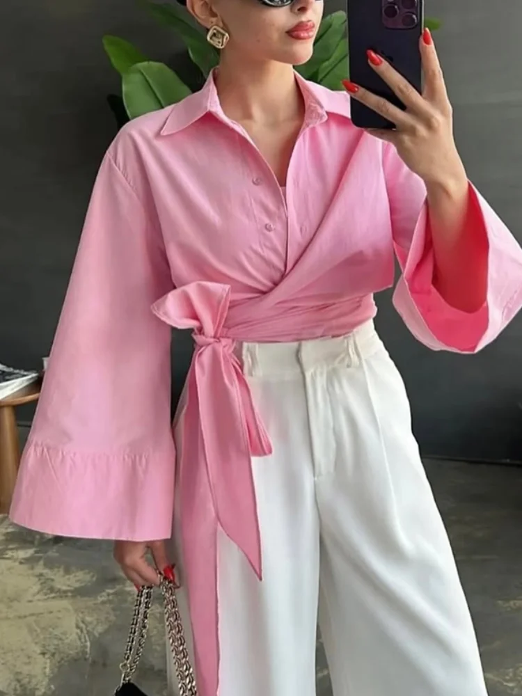 

Женская повседневная однотонная свободная рубашка на шнуровке, модная однобортная укороченная блузка с лацканами и рукавами-колокольчиками, 2026, женские уличные рубашки для поездок на работу