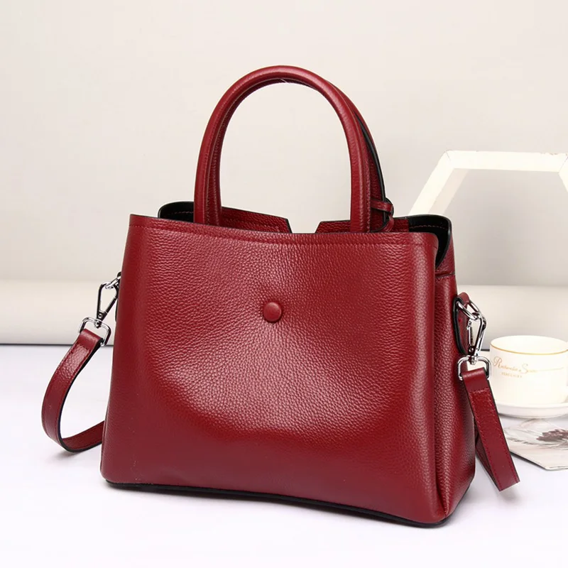 Women Elegant Handbag Female Genuine Leather Large Capacity Tote Bag Moms Solid Color Cowhide Shoulder Bag Cross-body Messenger