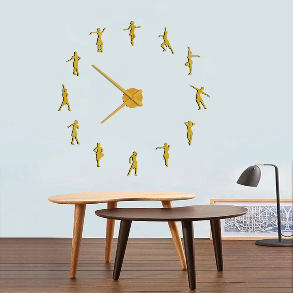 Latin Dancer Silhouettes Mirror Stickers DIY Wall Clock For Dancing Studio Ballroom Dance Modern Home Decor Clock Big Wall Watch