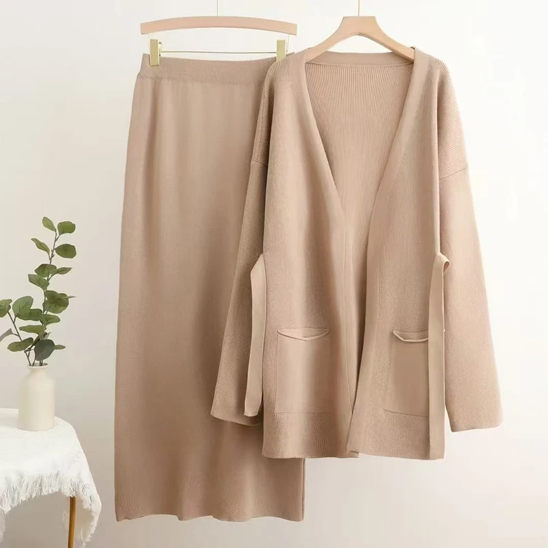 Warm Soft Women Knitted 2 Piece Sets  V-neck Sweater Cardigan Coats Tops Conjunto  Korea Casual Elastic High Waist Skirts Outfit