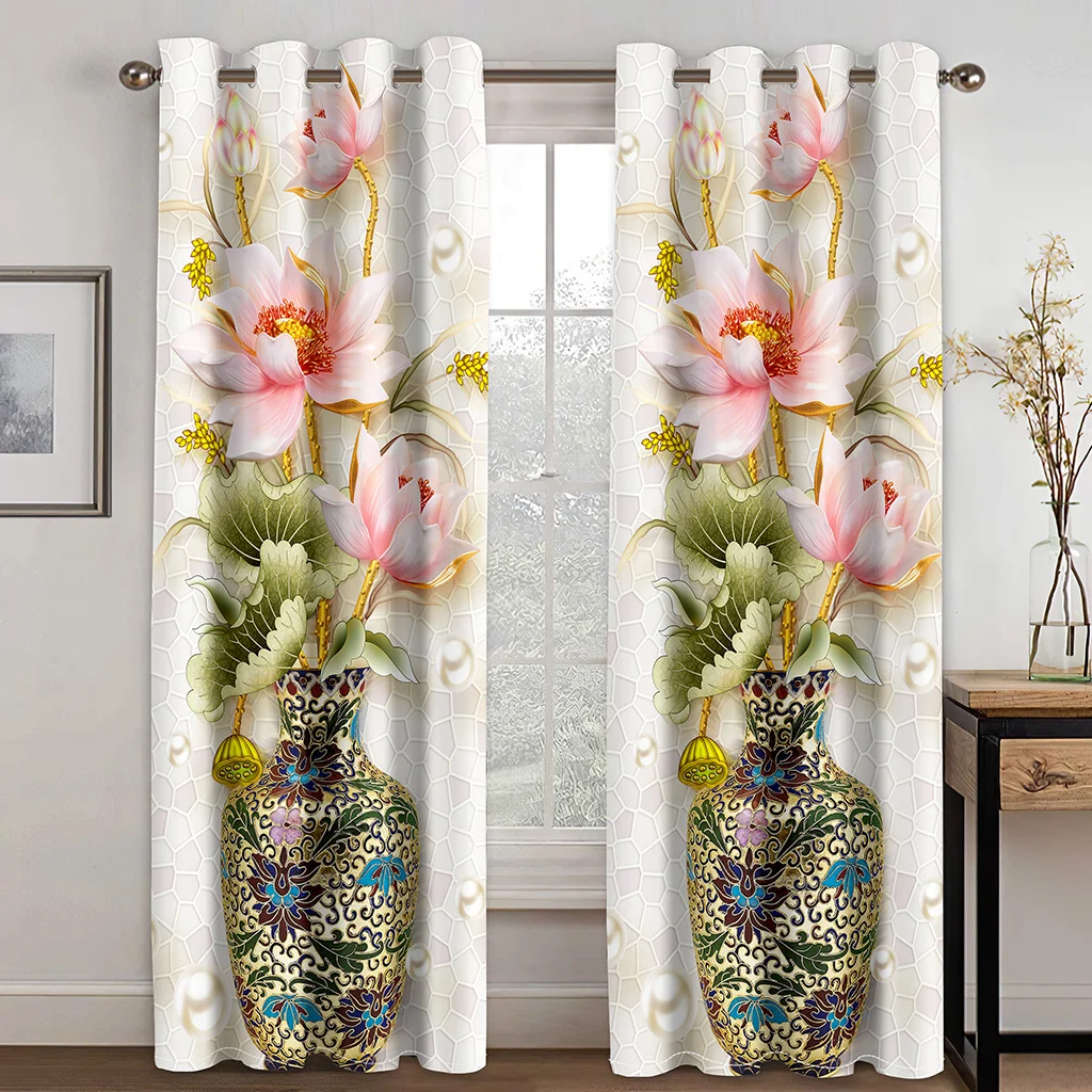 Modern Home Plants Green Leaf Floral Pink Flower Curtains 2 Panel Luxury Living Room Bedroom Balcony Kitchen Decor Curtains