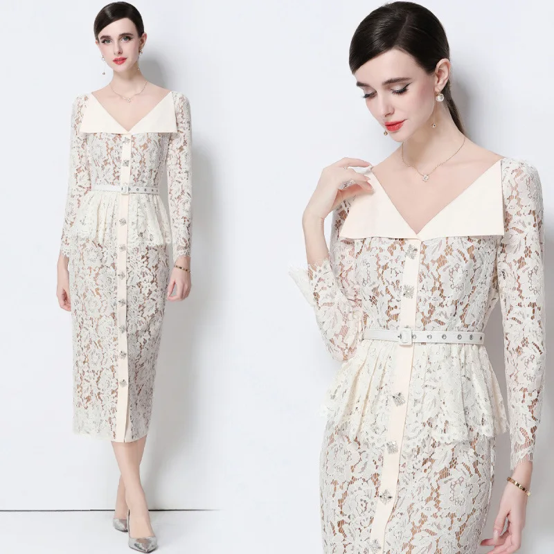 

Элегантное длинное кружевное платье с поясом, облегающее, с завышенной талией, в уличном стиле, из трикотажного полиэстера, с пышной юбкой, для женщин среднего возраста