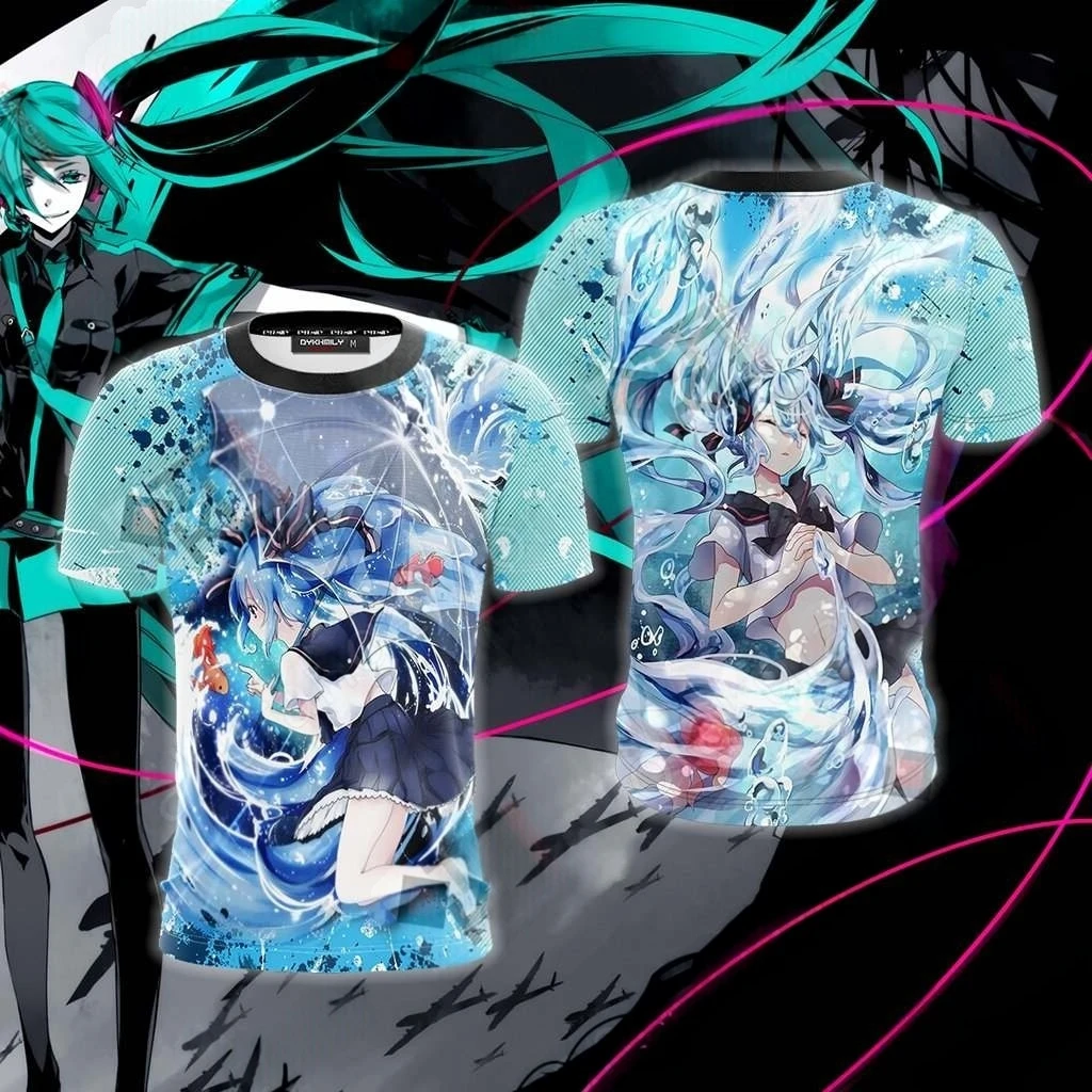 Hatsune Miku Water Theme 3D All Over Print T-shirt Men Women Anime Girl Goldfish Graphic Short Sleeve Cosplay Casual Tee
