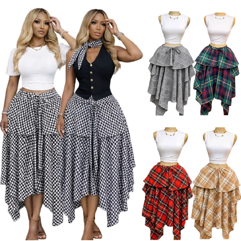 Trendige Sommerröcke für Damen: Streetwear High-Waist-Schleifenrock mit Karomuster und unregelmäßigem Taschentuch-Flare-Saum – Neu 2026 – Detail 2