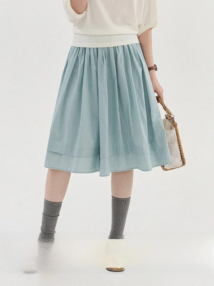 Blue Striped High Waist Pleated Cotton  Skirt Women's Summer New Style A-Line Short Skirt Commute Korean Version