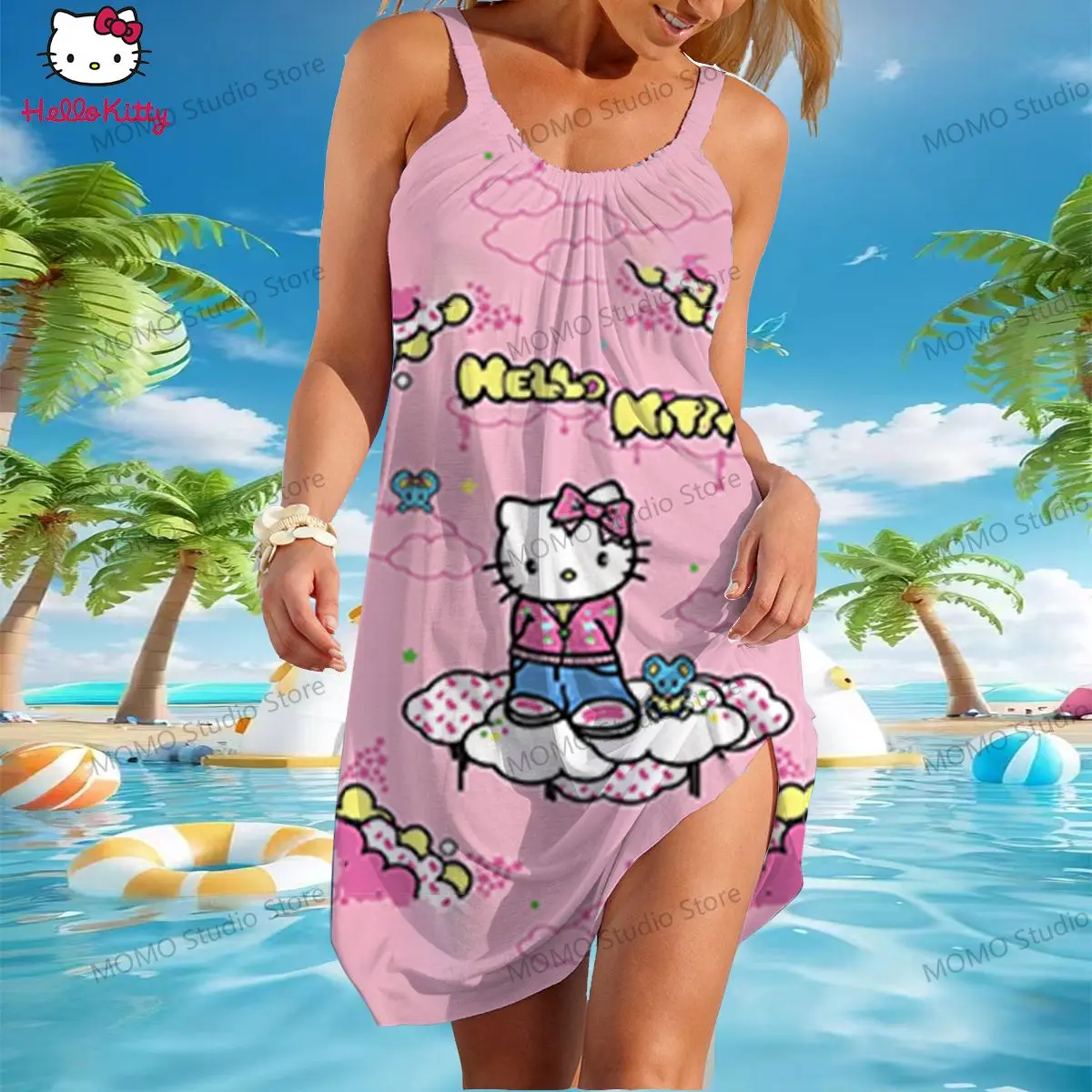 

Women's Beach Dresses Kawaii Hello Kitty Summer Sanrio S-3XL Boho 2024 Sling Y2k New Dress Elegant Youth Casual Sexy