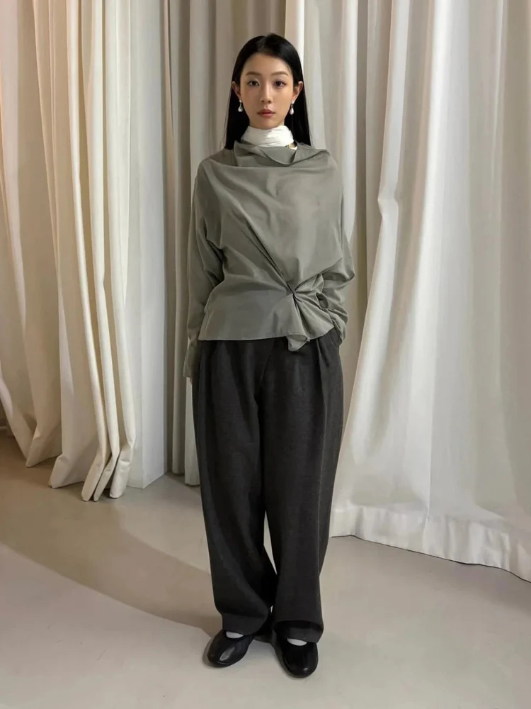 Casual Women's Suit Pants Autumn  Sle Pleated Asymmetrical Hem Straight Cut Drape Well Match All High Waist Long Tr...