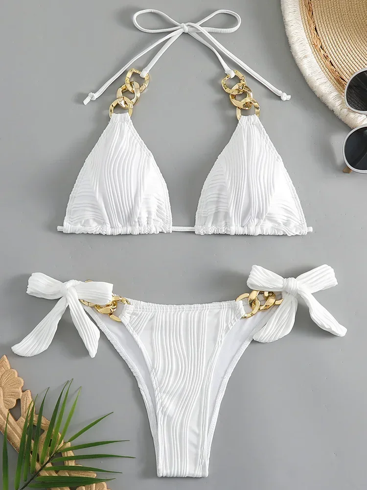 Halter Metal Rings Bikinis Wrinkled Bikini Female Swimsuit Women Swimwear Two-pieces Bikini Set High Cut Bathing Suit Swim Lady