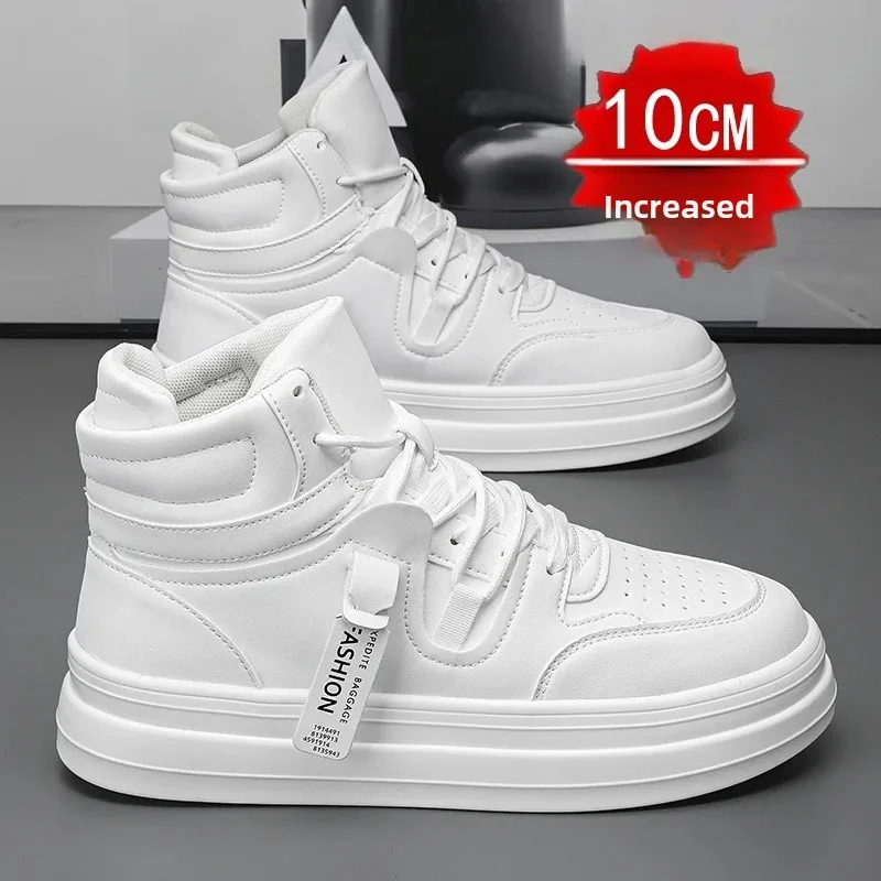 New Autumn/Winter Men's Casual Sneakers 12cm Increased Height 10cm Thick Sole White Shoes High Top Rubber Base Male Footwear