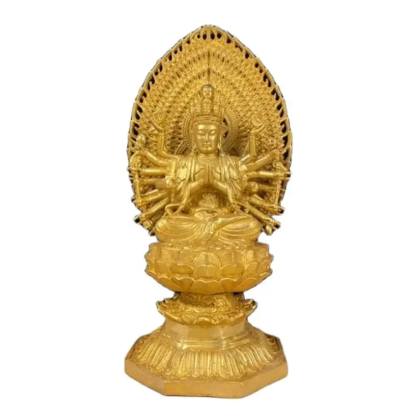 Exquisitely crafted copper Buddha statue for lotus shaped Guanyin decoration, brass gilded backlit Thousand Handed Guanyin home