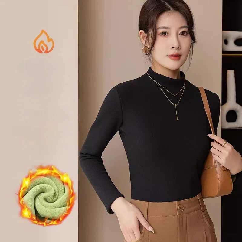 Thermal Underwear Women Plus Velvet Thickening Women Winter Turtleneck High Elastic Slim-fit Bottom Shirt Long-Sleeved Pullover