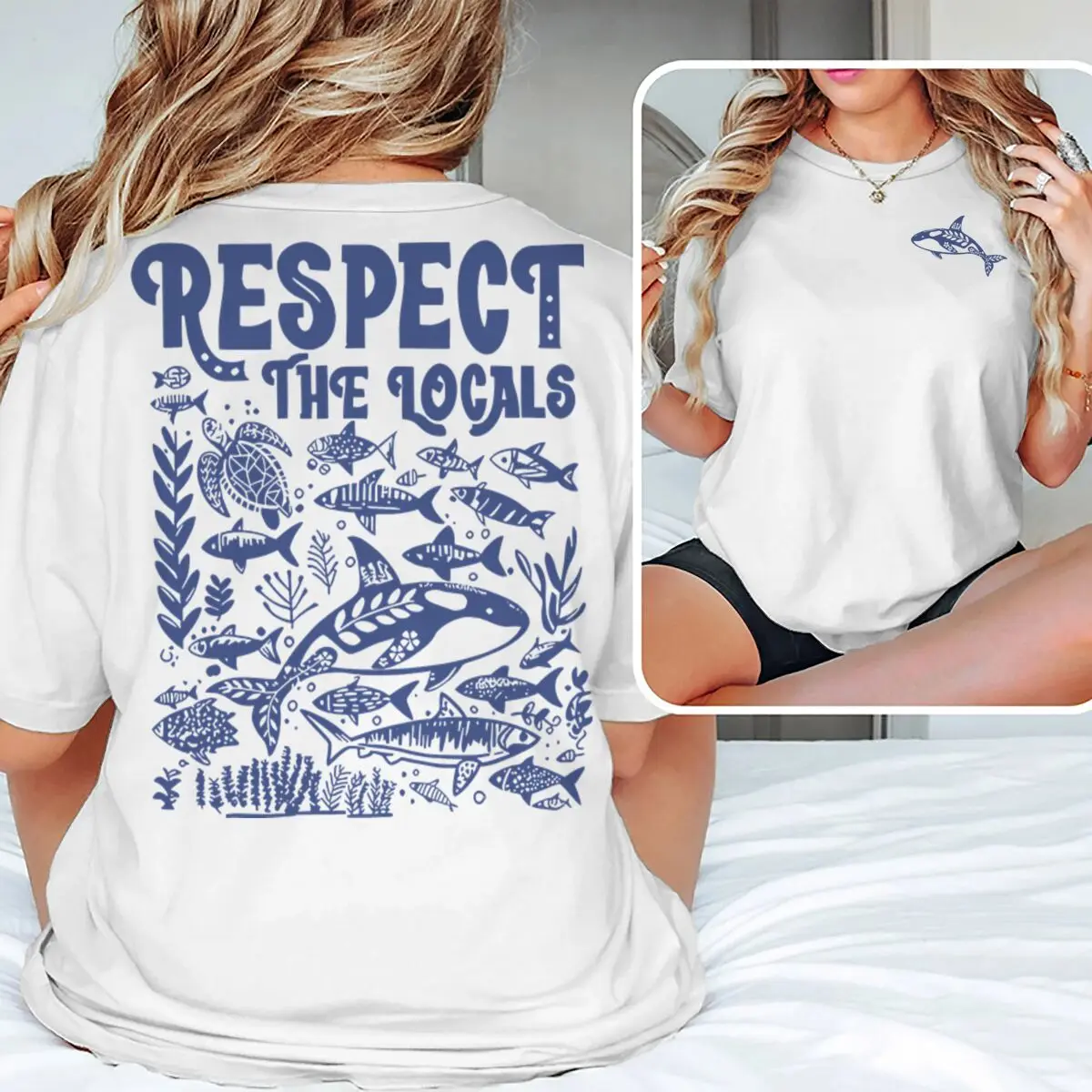 

Ocean Animal Vintage Print T Shirt "Respect The Locals" Ocean Beach Series T-shirts Women Men Short Sleeve Summer Vibes Tshirts