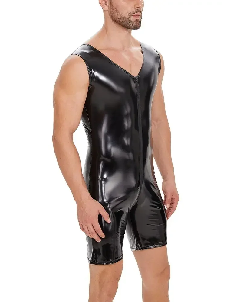S-7XL بلا أكمام لامعة فو بولي Leather الجلود Playsuit سستة مفتوحة المنشعب ارتداءها نظرة الرطب PVC Catsuit الجوارب الساخن للتنحيف كمال الاجسام