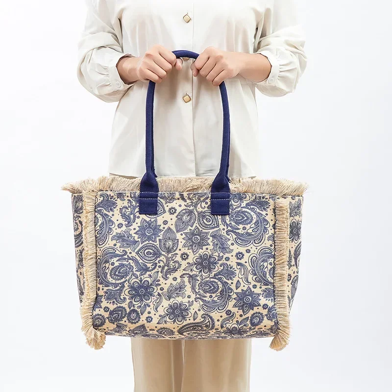 Bohemian Style Large Capacity Canvas Summer Beach Tote Travel Purse High Quality Women Custom Paisley Pattern Handbag