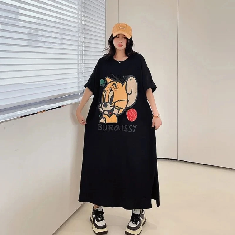 Fashion Cartoon Print Extra Long Ankle Dress Dresses for Women 2024 Casual New in Dresses Loose Slim Short Sleeve T-shirt Dress