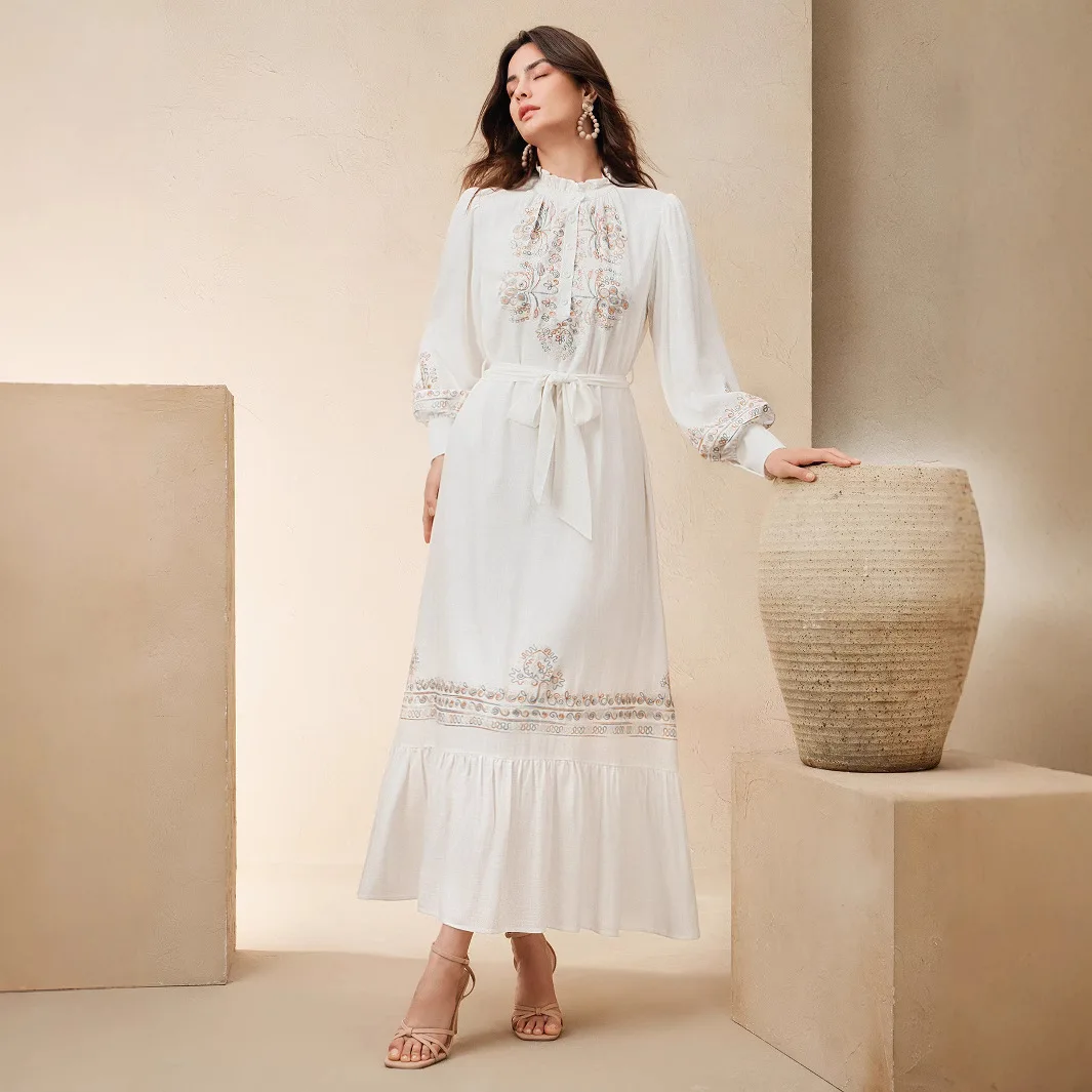 

Elegant Embroidery Abayas for Women Ruffles Belted Long Dress Muslim Kaftan Dubai Abaya Turkey Caftan Marocain Femme Robe Kebaya
