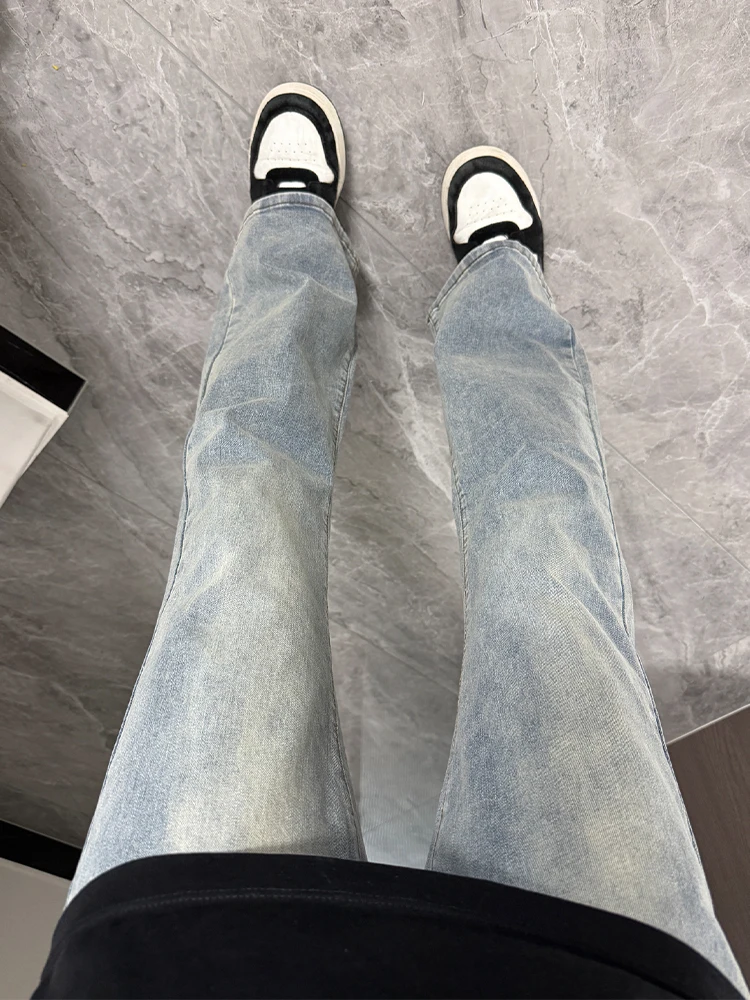 

Light Blue Slim Straight Men's Jeans Summer American High Street Vibe Elastic Casual Long Trousers mid Waist Zipper ket