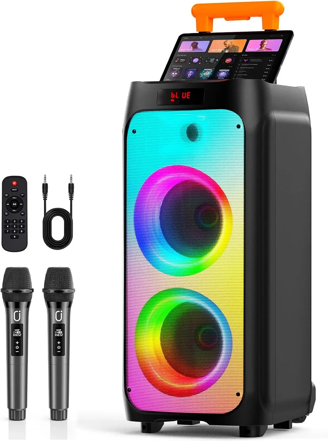 

Portable Karaoke Speaker with Wireless Mics, Bluetooth 5.3, Disco Lights, Rolling Wheels for Outdoor Parties