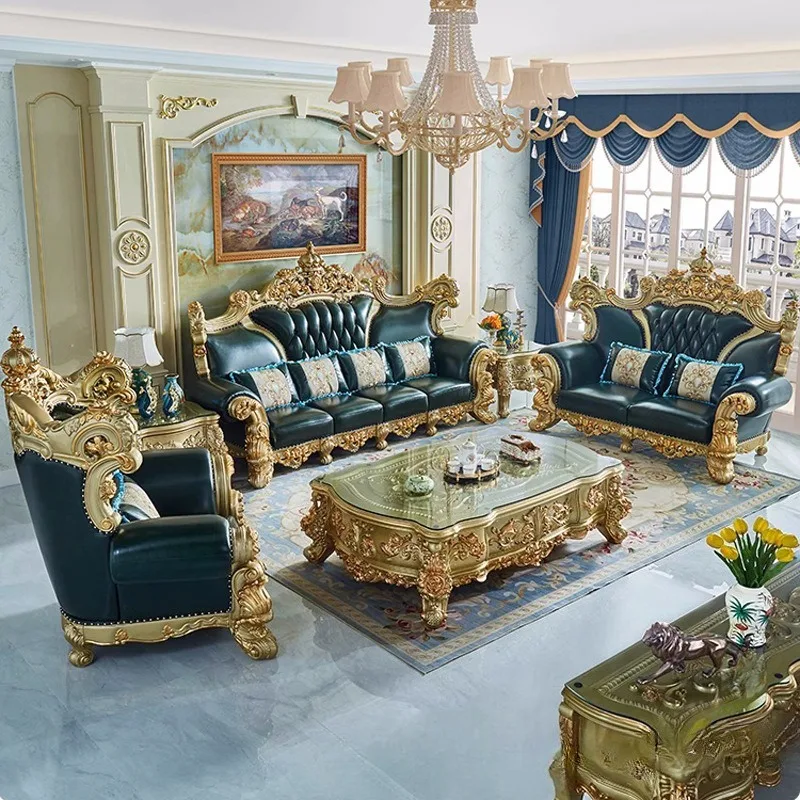 European leather sofa living room cowhide solid wood French style