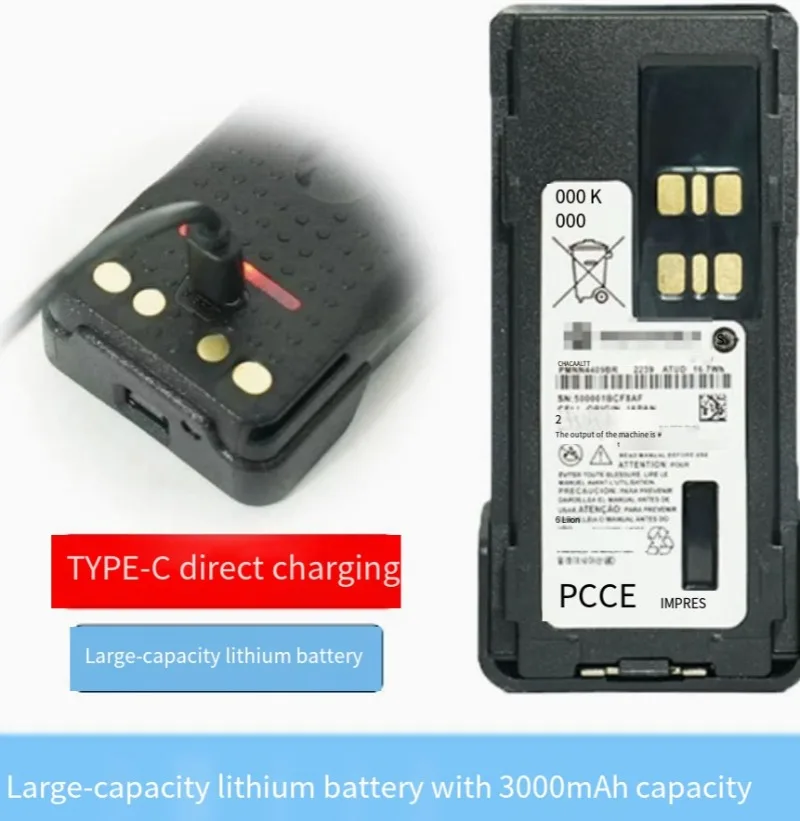 3000mAh Large Capacity Walkie Talkie Battery Type-C Charging Two Way Radio Replacement Battery