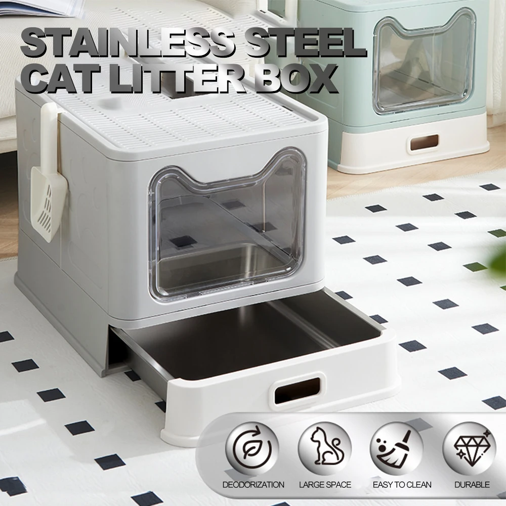 

Fully Enclosed Stainless Steel Cat Litter TrayLarge Drawer Type Folding Anti-odour Cat ToiletSplash-proof Cat Litter Tray