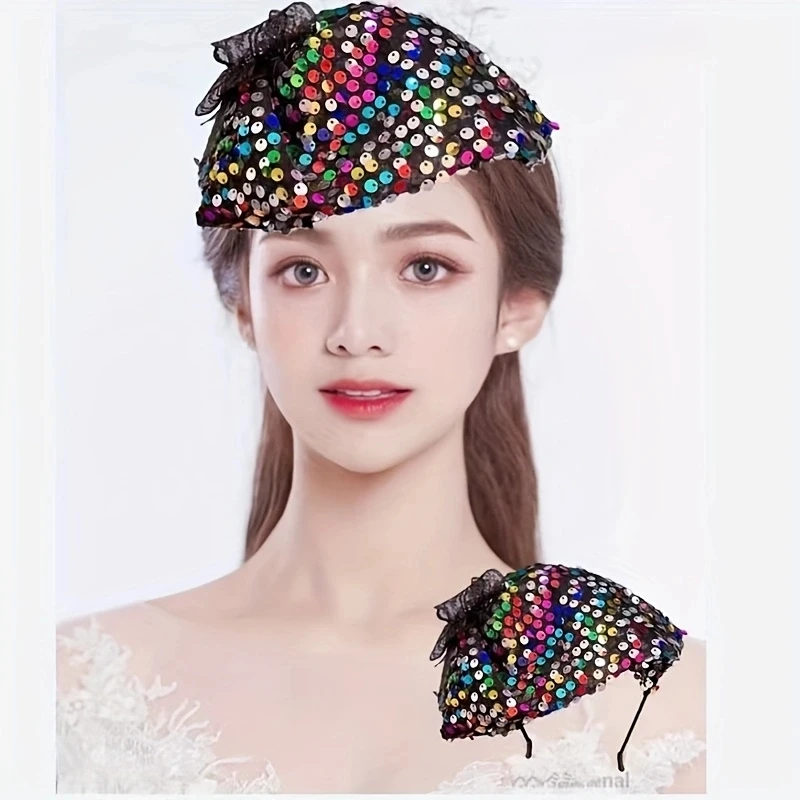 Spring Summer Vintage Glitter Sequin  Wide Brimmed Women\'s Half Hat Breathable Cover Hair Half Hat Hoop Headband French Fashion