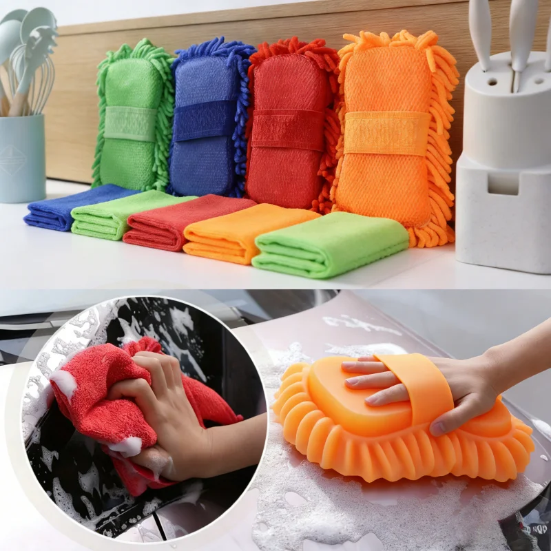 Car Cleaning Cloth5Striped Super Absorbent Microfiber+6Car Wash Sponge Gloves No Scratches Reusable Cleaning Supplies