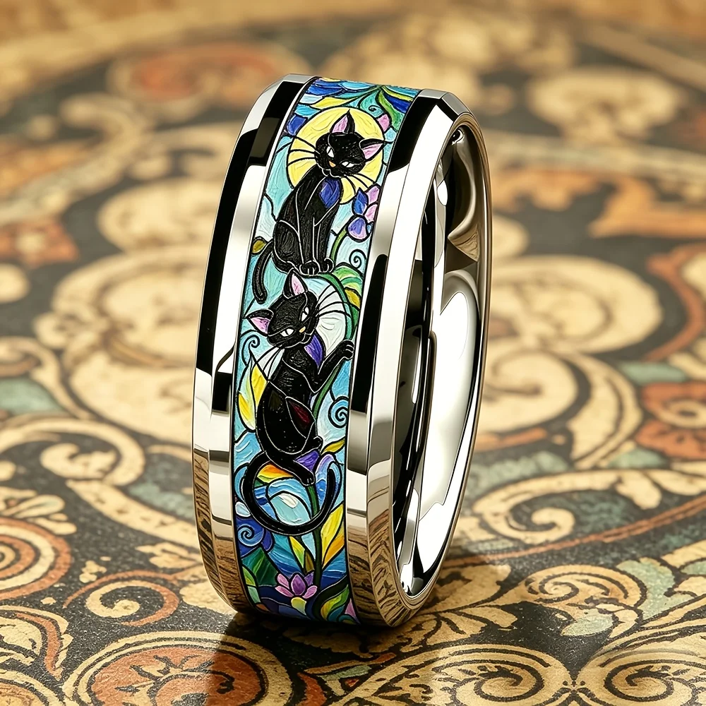 Artistic Style Abstract Black Cat Moon Ring Unique Stainless Steel Rings For Men Women Wedding Party Jewelry Gift for Cat Lovers