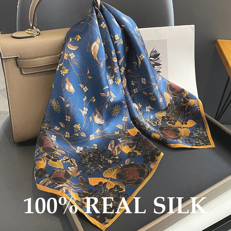 

65cm Square Scarf 100% Pure Real Silk Scarves for Women Foulard Fashion Neck Print Sunscreen Shawl Luxury Bandana Headband Hijab