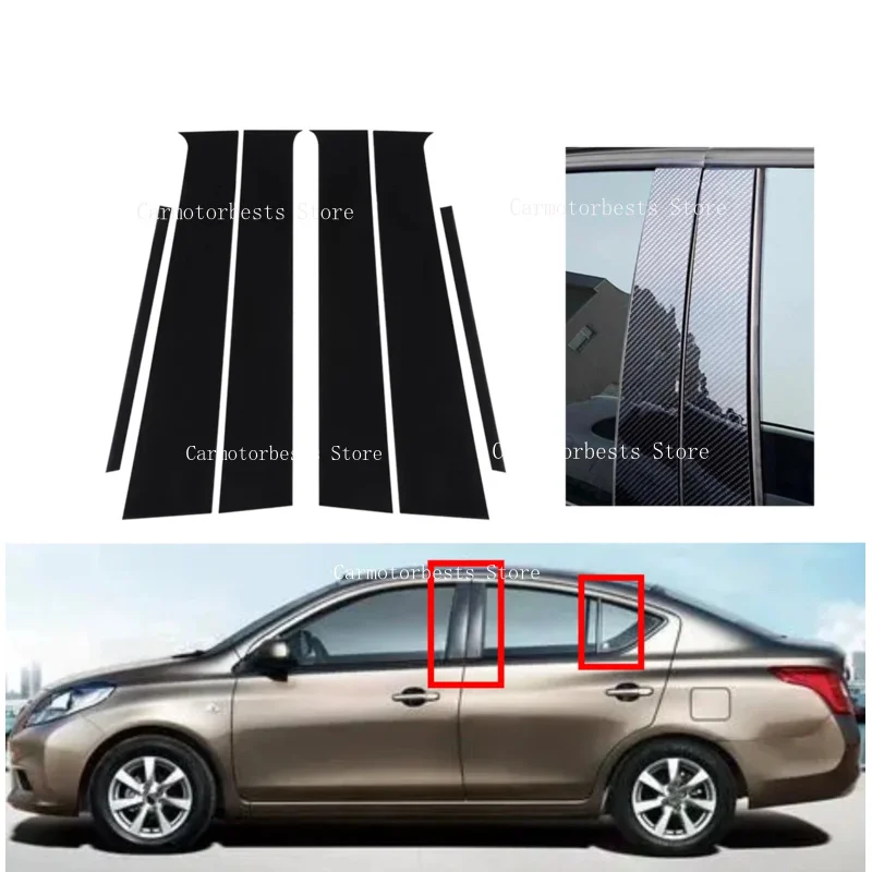 6PCS Fit For Nissan Almera/Sunny 2010-2019 Glossy Black Pillar Post Silver Carbon Window Cover Door Trim Decoration Stickers