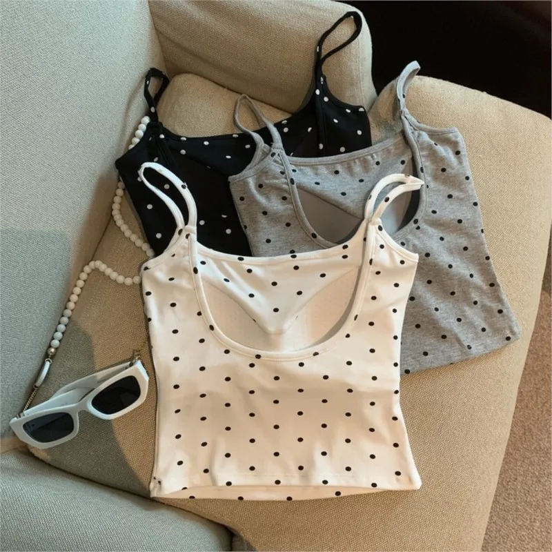

Fashion women's camisole with polka dots, large U-shaped back, breast pad, and anti-transparent inner wear.