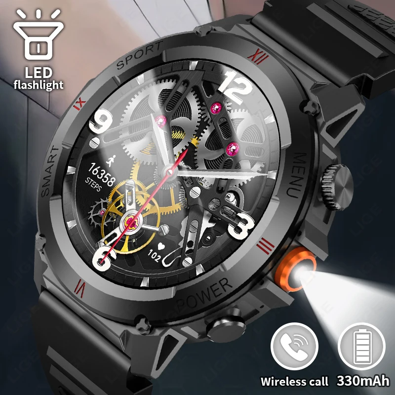 LIGE 2024 Outdoor Sport Smart Watch Men Flashlight Bluetooth Call Voice Assistant Health Watches Men New Smartwatch Andrio IOS