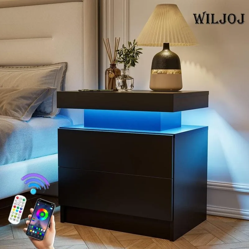 WILJOJ LED Nightstand Modern Bedside Table with 16 Color Lights & 2 Drawers,Night Stand LED