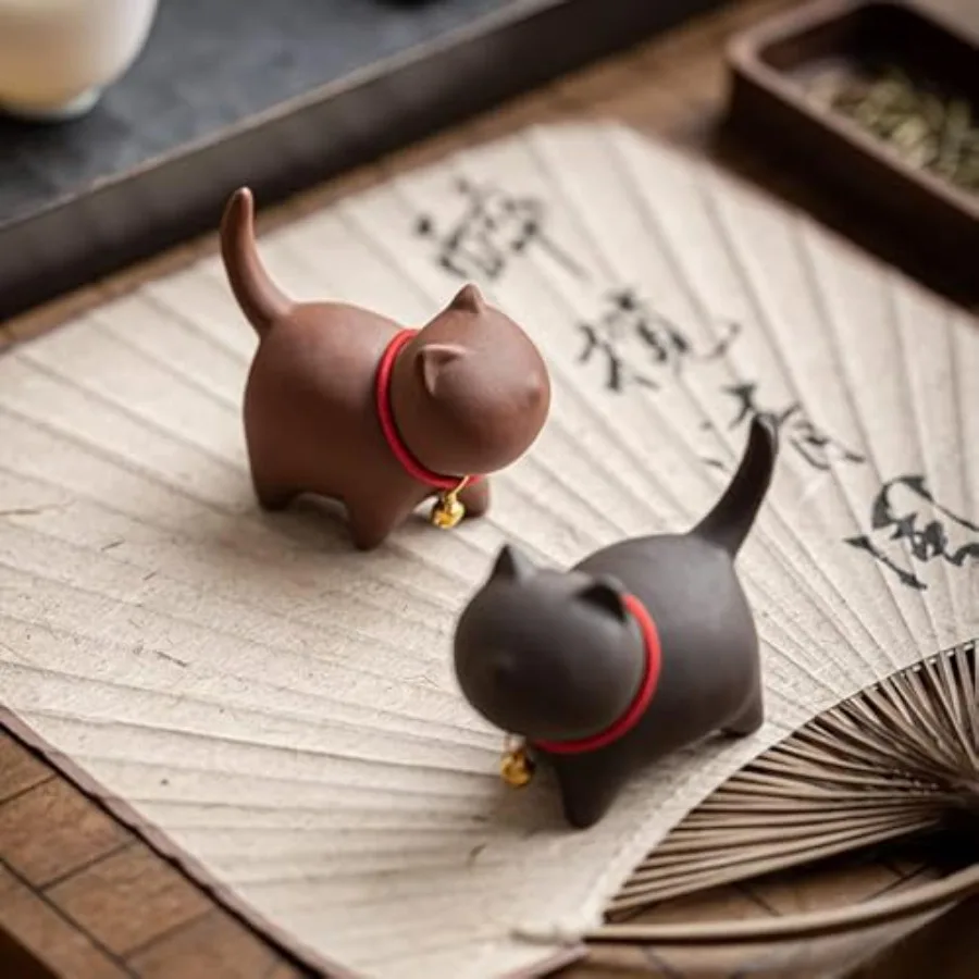 

One Set Cute Kitten Tea Pet Purple Sand Handcrafted for Kung Fu Tea Set Acessories for Table Room/Home/Office Tearoom Chinese K