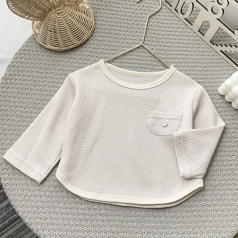 

2024 New Spring Korean Style Infant Baby Boys Girls Pullover Tops Long Sleeved Waffle Cotton Newborn Baby Boys Girls T-shirt