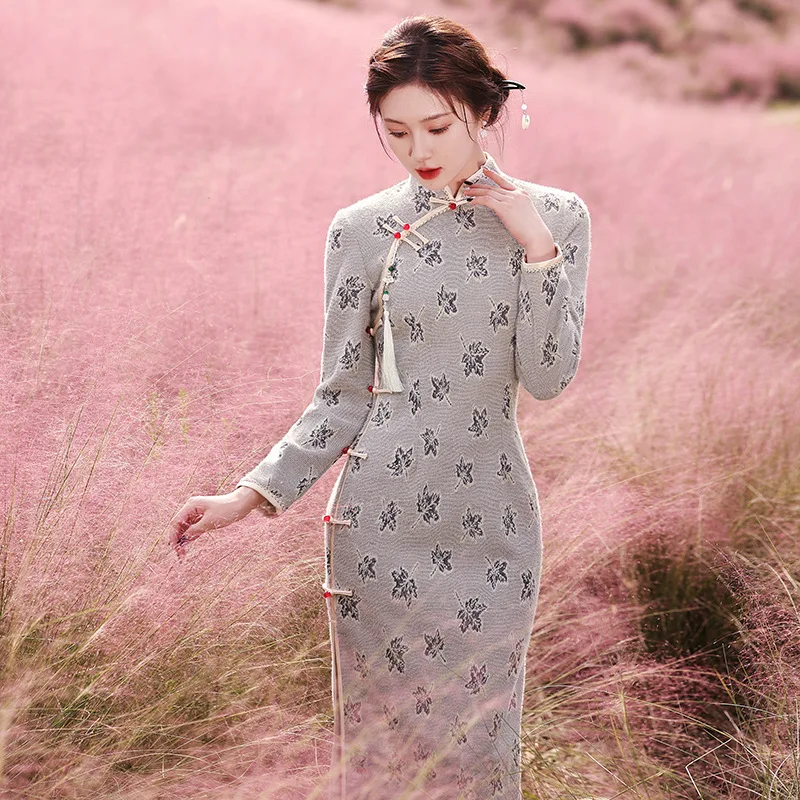 

Yourqipao 2023 Autumn Winter Retro Long Cheongsam Composite Lady Soft Temperament Qipao Chinese Style Evening Dress for Women